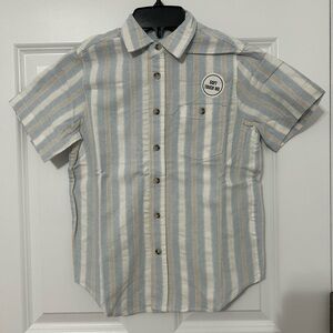 Distortion cotton button down short sleeve shirt in blue and beige stripes